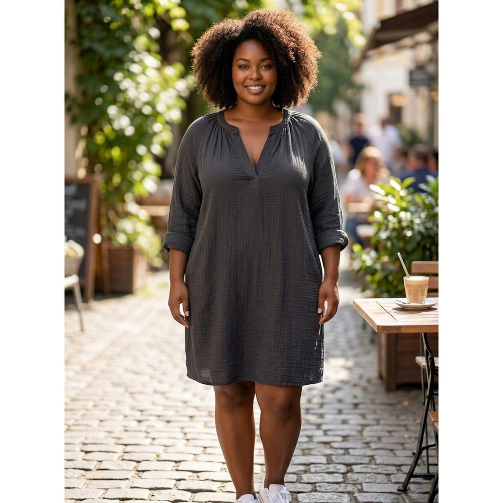 HM Crinkle Gauze Cotton Shift Dress XXL Charcoal Grey Balloon Sleeve Split Neck